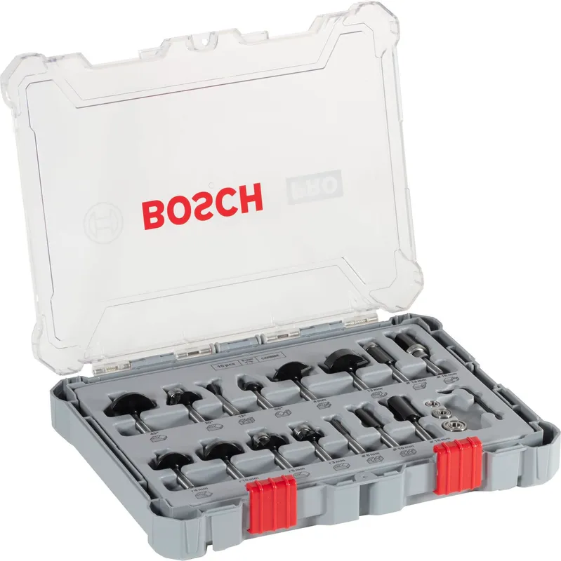 Bosch Frässtålsats, 15 delar, blandad, 6 mm skaft 15-piece Mixed Application Router Bit Set.