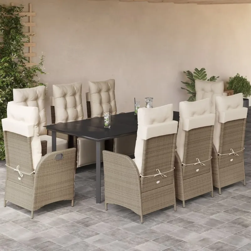 vidaXL Matgrupp för trädgården med dynor 9 delar beige konstrotting (#1808)