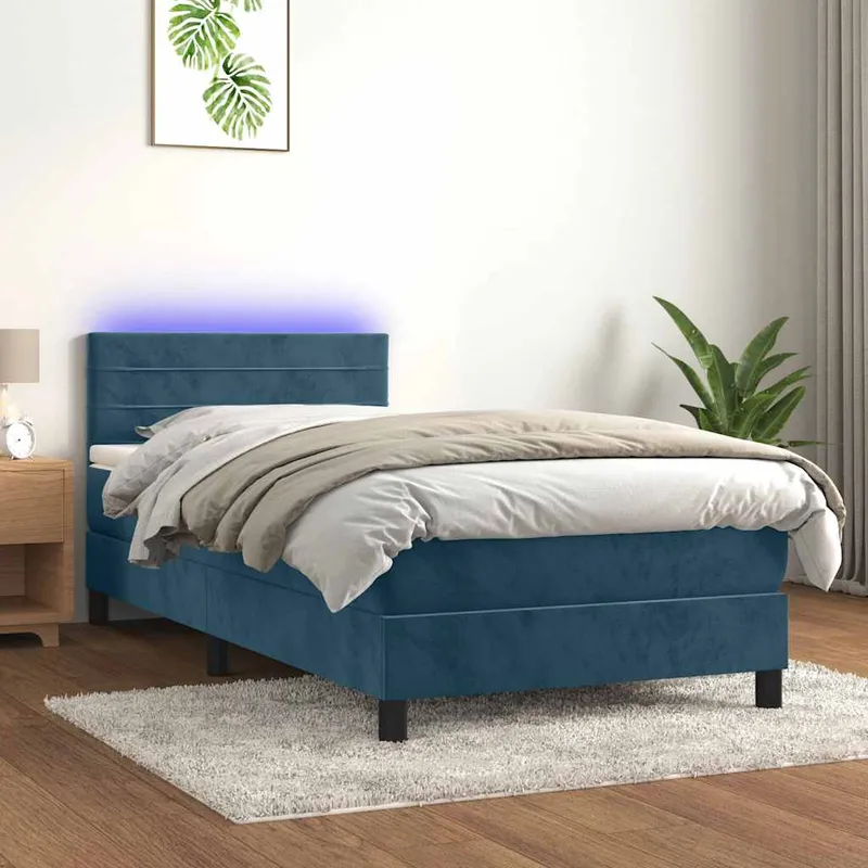 vidaXL Resårsäng med madrass och LED mörkblå 90×200 cm sammet (#9690)