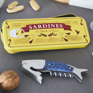 Korkskruv & vinöppnare – Sardines blå fiskdesign i plåtask (presenttips)