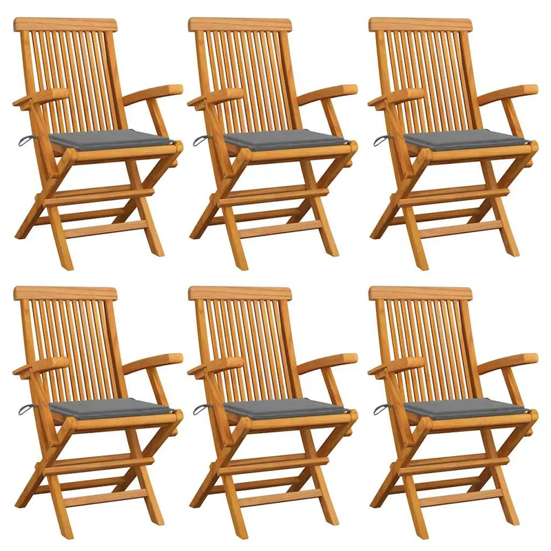 vidaXL Hopfällbara stolar med grå dynor 6 st massiv teak