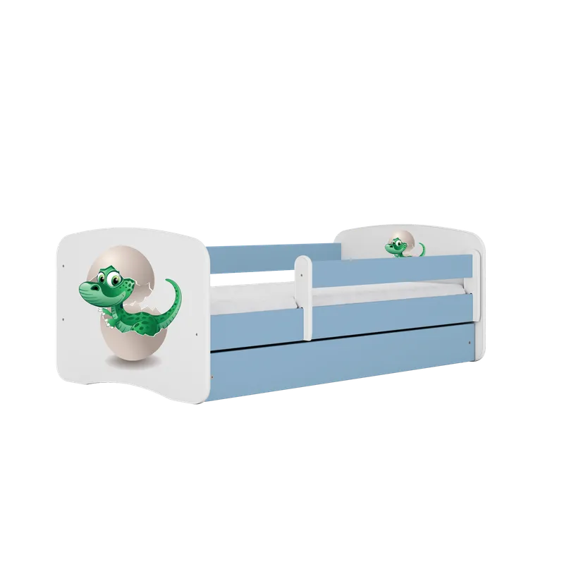 Babydreams juniorsäng med liten dinosaurie, med madrass, stödbräda, låda - vit och blå laminat (160×80)