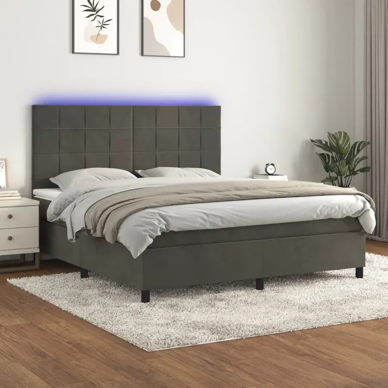 vidaXL Ramsäng med madrass & LED mörkgrå 160×200 cm sammet (#6567)