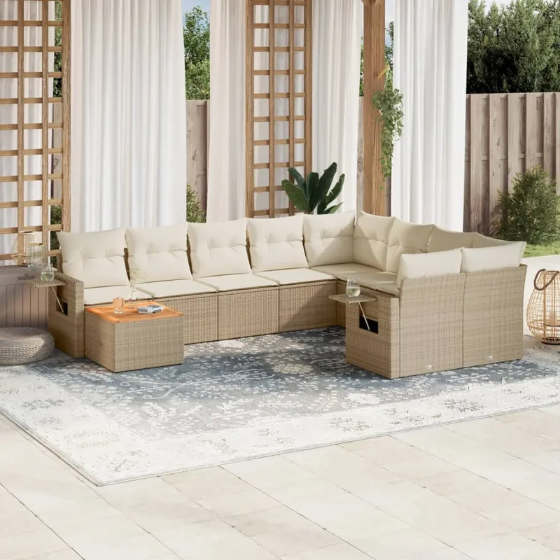 vidaXL Soffgrupp för trädgård med dynor 10 delar beige konstrotting (#0305)