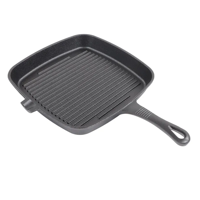 Gjutjärnsgrillpanna Ergonomiskt långt handtag Praktisk hällpip Fyrkantig grillpanna för hemma utomhus L