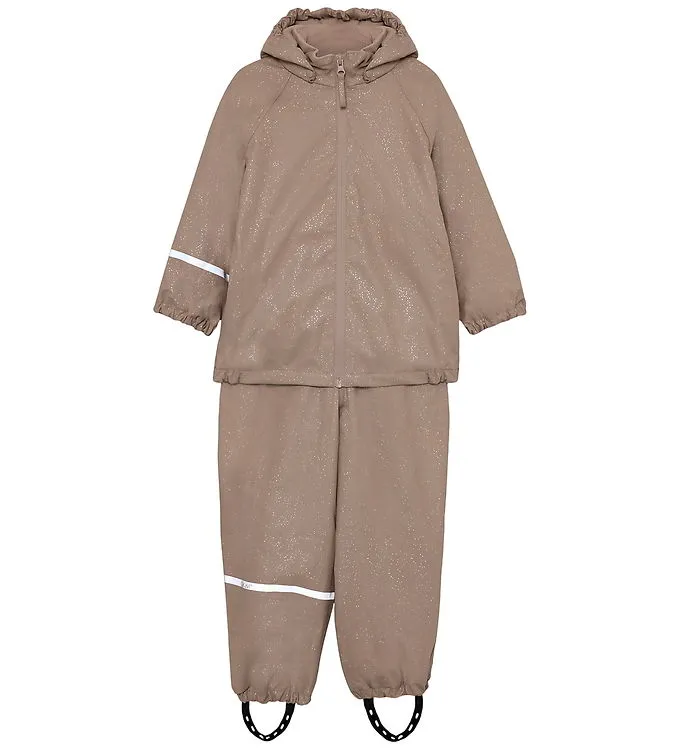 CeLaVi Regnkläder M/u Hängslen - Fleece - PU - Svampar m. Guldpr (#9836)