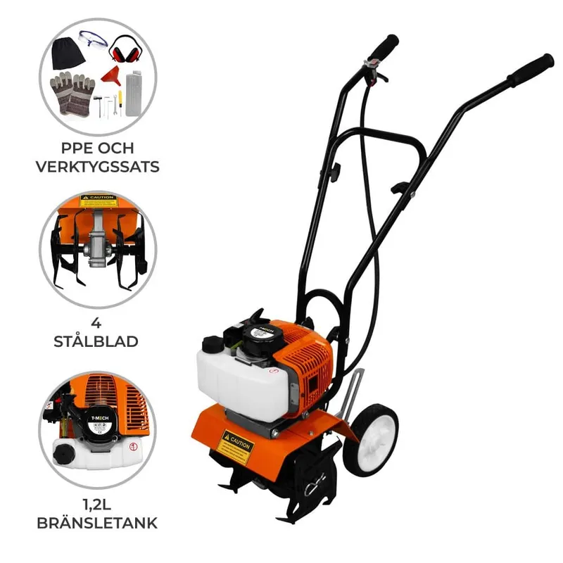 Bensindriven Rotavator Jordfräs Trådlös Trädgård 52CC 4 Stålblad 30cm Arbetsbredd 20cm Djup Portabel Jordgräv Borttagning av Ogräs PPE & Verktygssats