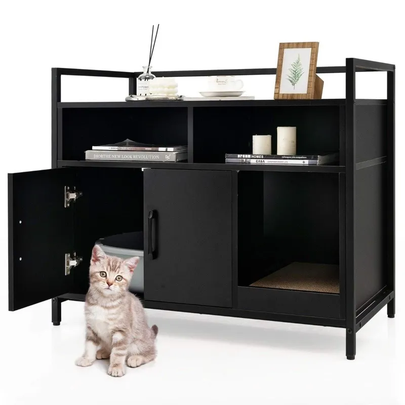Hölje för katttoalett kattskåp med dubbla dörrar & skraplapp 89 x 45 x 74,5 cm svart