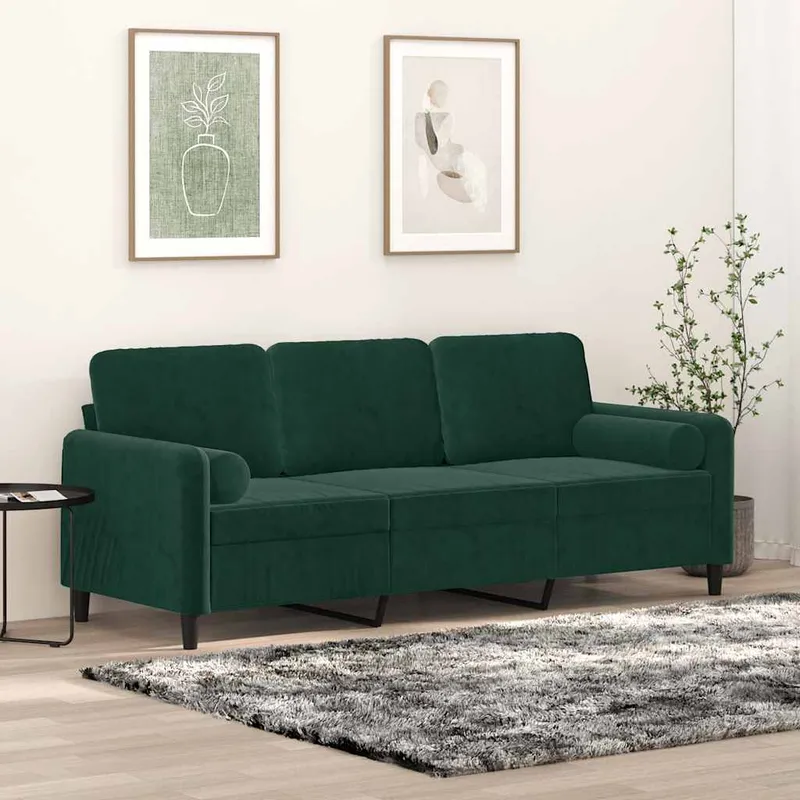 3-sits soffa med dekorativa kuddar Mörkgrön 180 cm Sammet