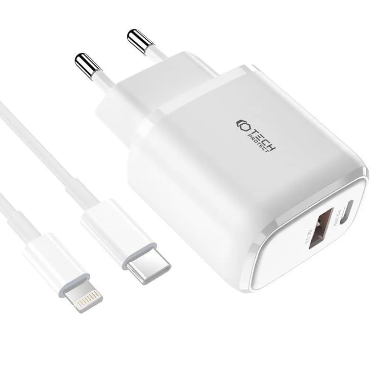Tech-Protect C20W USB-C PD 20W / USB-A QC 3.0 Mains Charger with USB-C / Lightning Cable - White