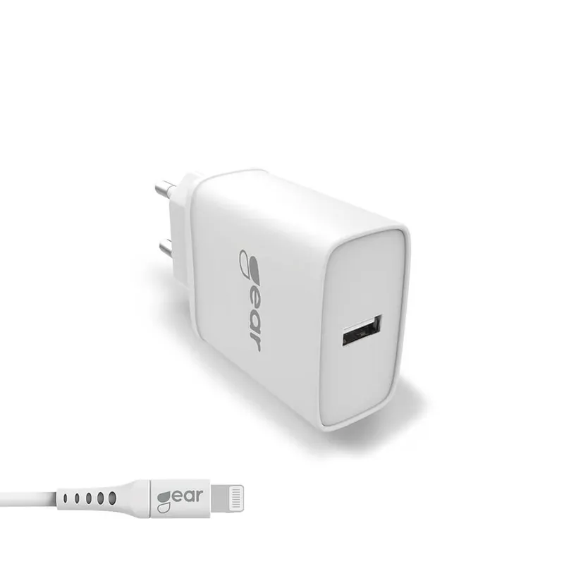 GEAR - Laddare 220V 1xUSB 2.4A Vit Lightning Kabel 1m MFI C89