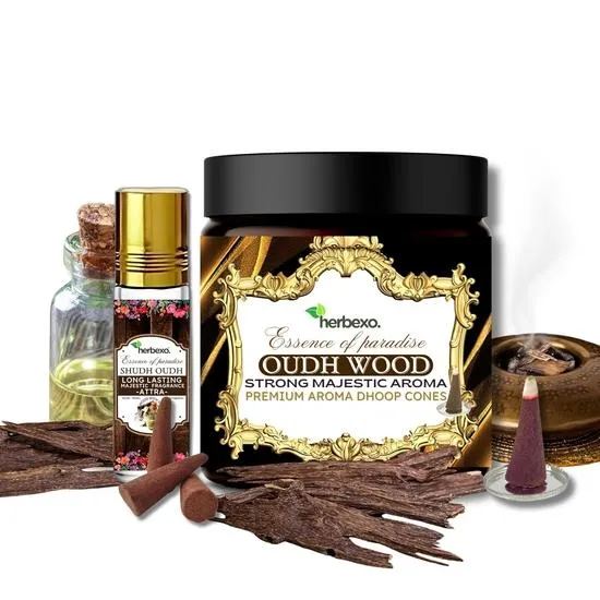 Oud Attar och Örtbaserad Dhoop Kombinationspaket, Långvarig, Giftfri, Alkoholfri, Rökfattig Naturlig Oud Attar och dhoop Kombinationspaket (Oud)