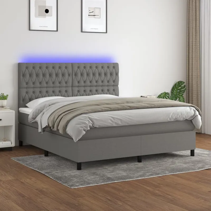 vidaXL Ramsäng med madrass & LED mörkgrå 180×200 cm tyg (#6582)