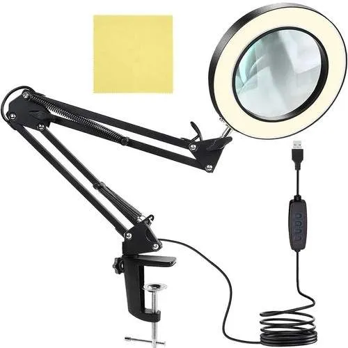 Justerbar LED-lampa med Förstoringsglas, USB, Svart
