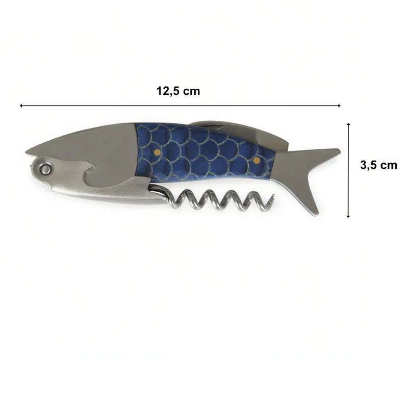 Korkskruv & vinöppnare – Sardines blå fiskdesign i plåtask (presenttips)