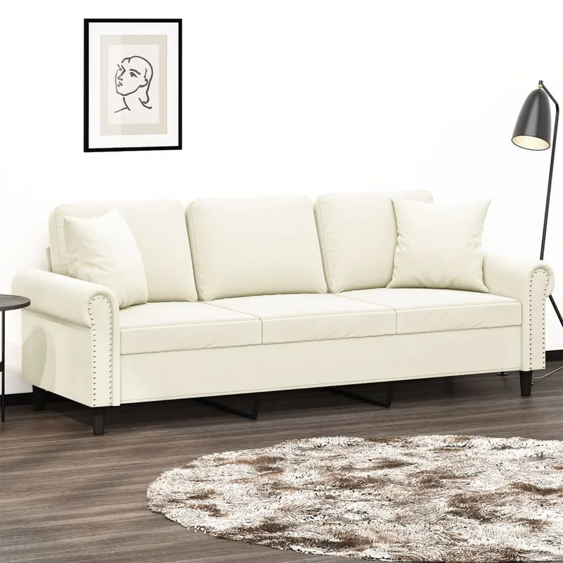 vidaXL 3-sitssoffa med prydnadskuddar gräddvit 180 cm sammet (#9306)