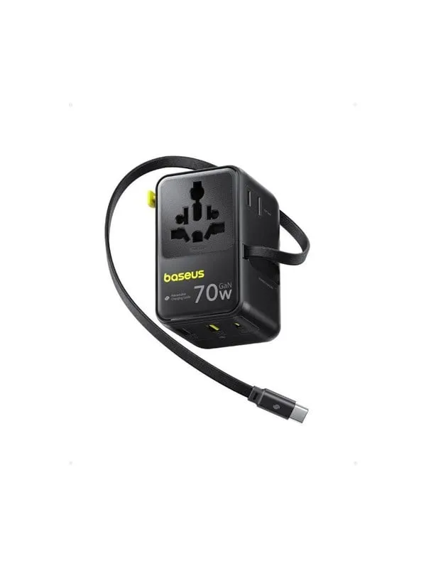 Baseus EnerCore CG11 70W 6-in-1 Travel Adapter with Retractable USB-C Cable - Black
