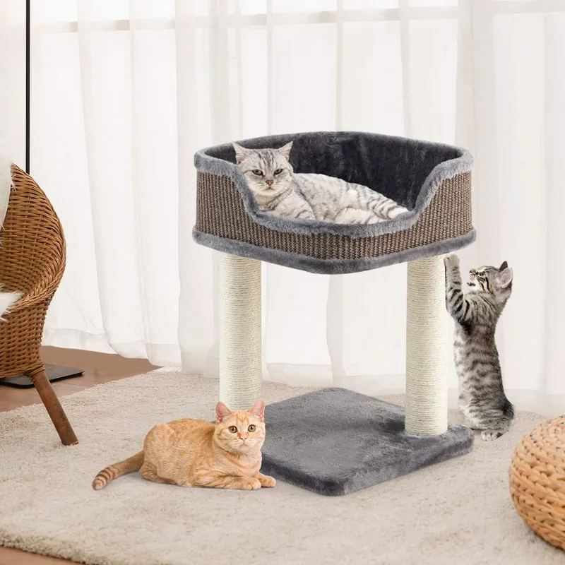 Skrapstolpe kattträd lekcenter med plysch naturlig sisal torn grå