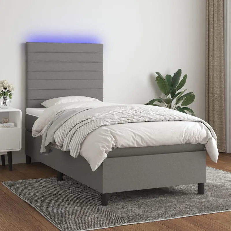 vidaXL Ramsäng med madrass & LED mörkgrå 90×190 cm tyg (#4427)