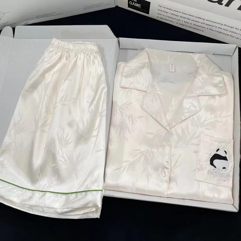 Dame Rayon Pyjamassett Sommer Nye Pyjamas Brodert Panda Søtt Dame Pyjamassett Topper Shorts Pyjamas Hjemmeklær M