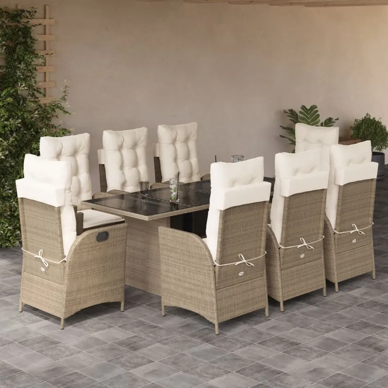 vidaXL Matgrupp för trädgården med dynor 9 delar beige konstrotting (#8587)
