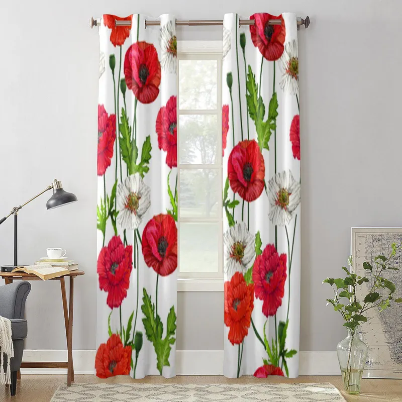 Valmueblomster på hvit bakgrunn Luksus vindusgardin for stue Soverom Hjemmeinnredning Kjøkken for vindusgardiner 135W x 60H(cm) x1 (#3552)