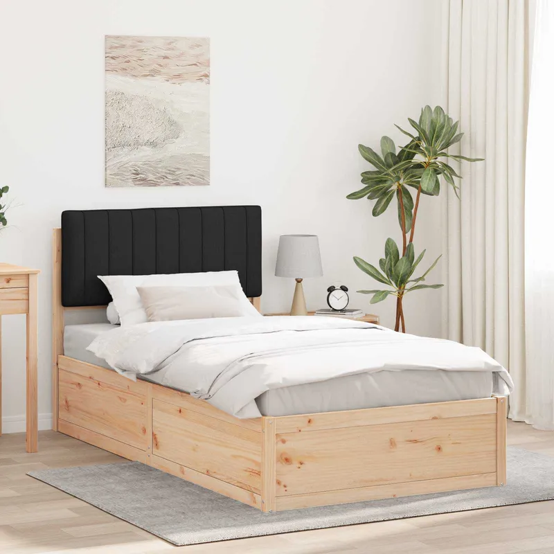 vidaXL Sängram med Klädd Huvudgavel Svart 100 x 200 cm Massiv furu (#8173)