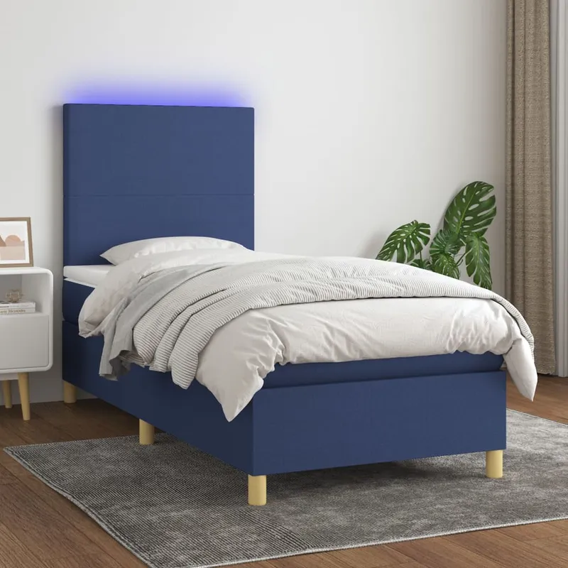 vidaXL Ramsäng med madrass & LED blå 90×200 cm tyg (#7756)