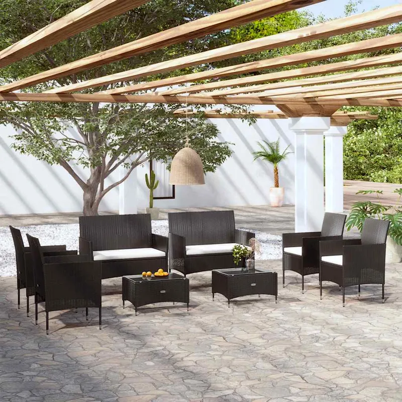vidaXL Loungegrupp med dynor 8 delar konstrotting svart