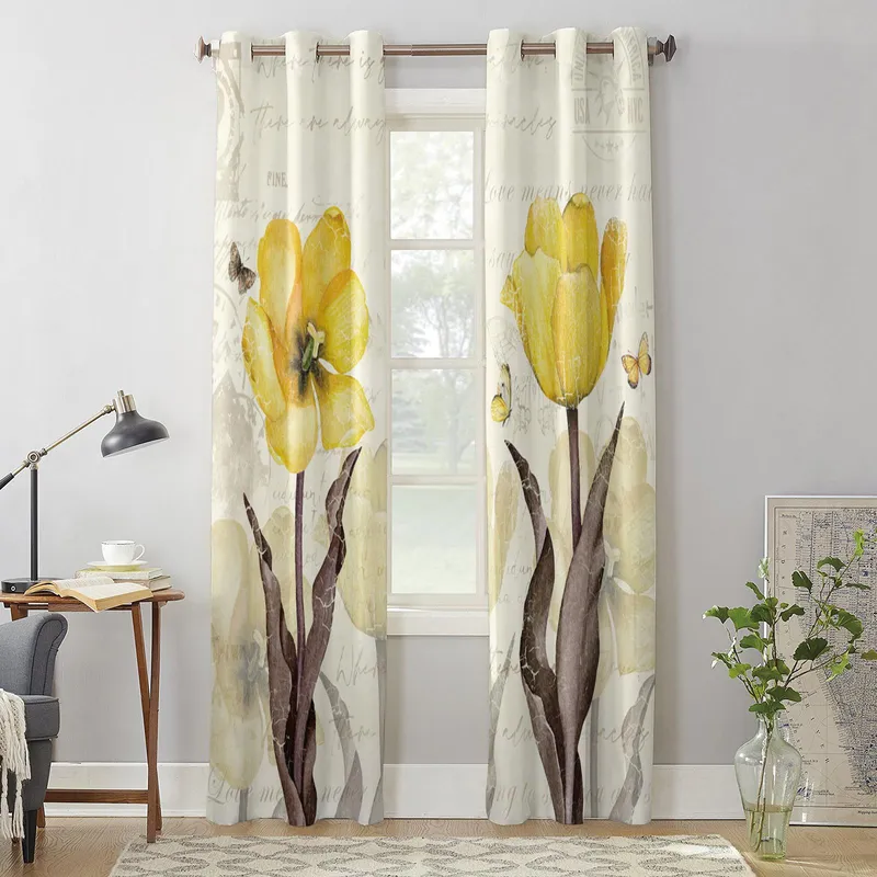 Vintage Blomster Sommerfugler Gule Tulipaner Moderne Vindusgardiner for Stue Soverom Gardiner Kjøkkenbehandling Persienner Draperier 135W x 60H(cm) x1 (#6938)