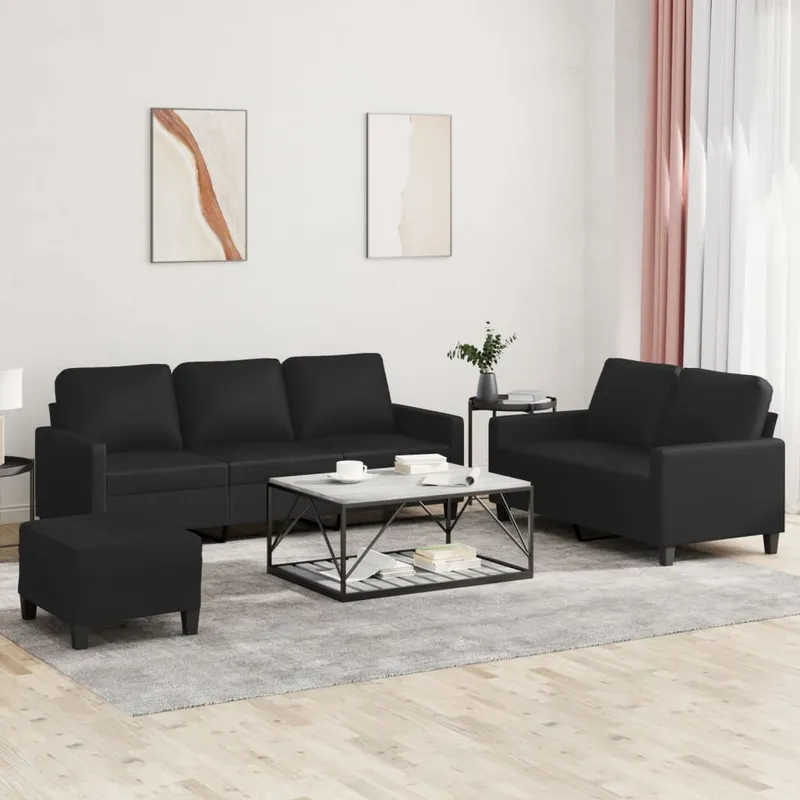 vidaXL Soffgrupp med dynor 3 delar svart konstläder (#3907)