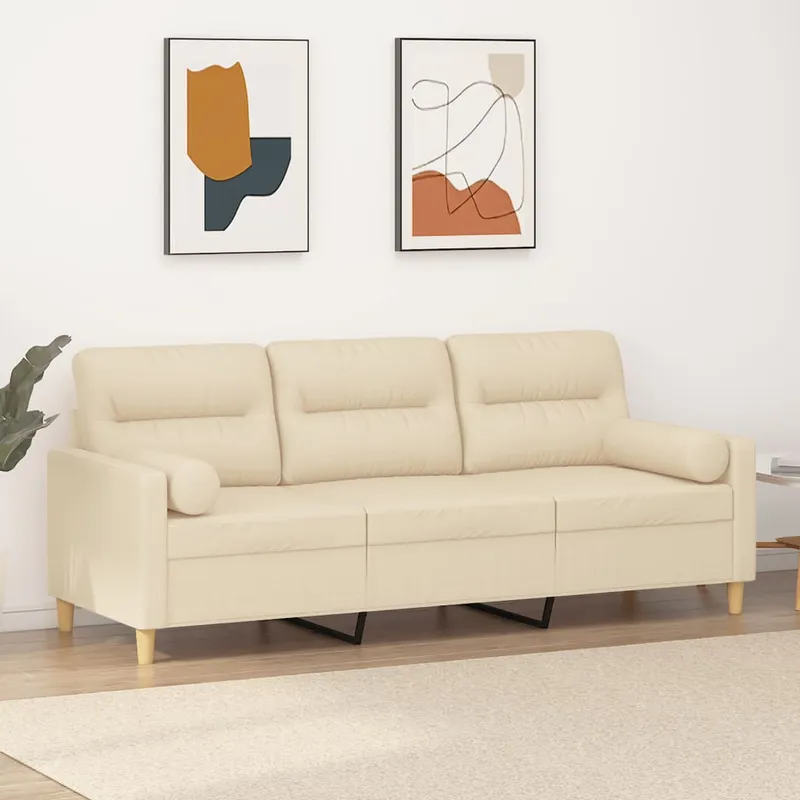 vidaXL 3-sitssoffa med prydnadskuddar gräddvit 180 cm tyg (#7982)