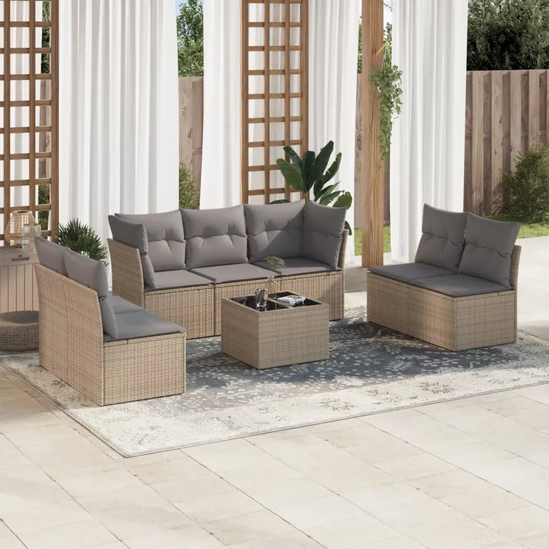 vidaXL Matgrupp för trädgården med dynor 8 delar beige konstrotting (#2331)