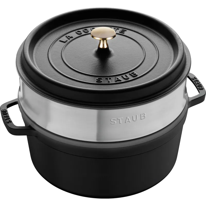 Staub La Cocotte gjutjärnsgryta 26 cm med ånginsats, svart