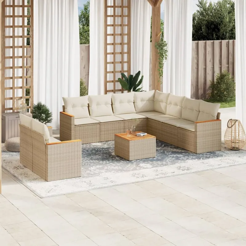 vidaXL Soffgrupp för trädgård med dynor 10 delar beige konstrotting (#0738)