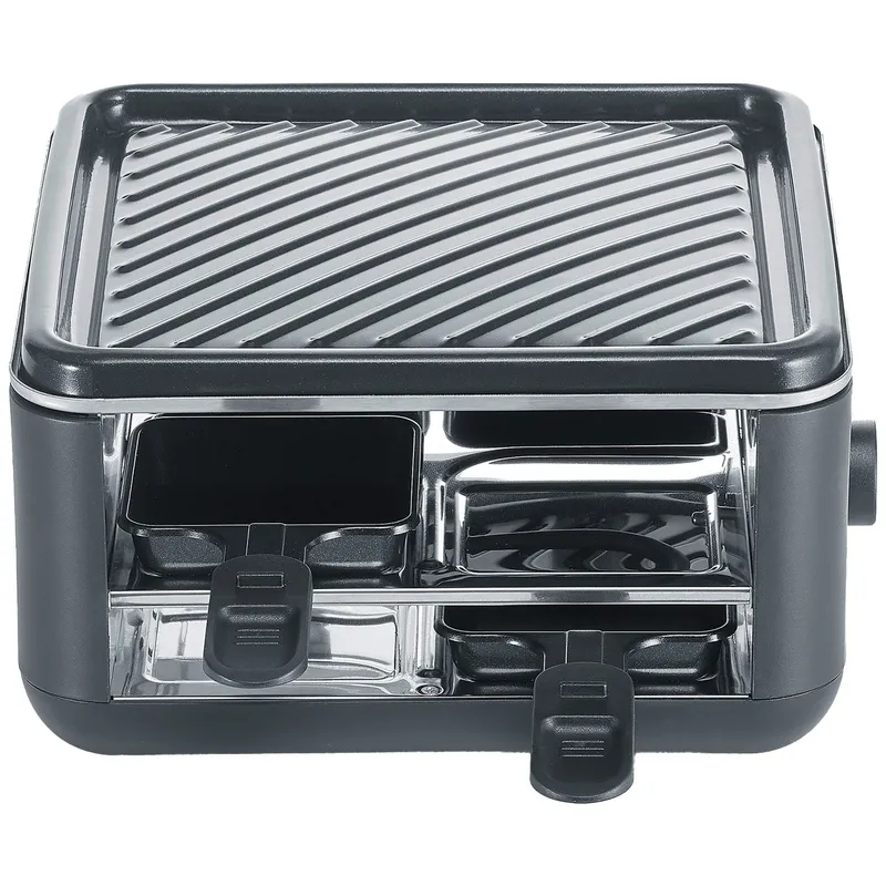 Raclette Grill – SEVERIN – RG2360 – 4 personer. – Kompakt – Tallrik 24 x 24 cm – Inkluderar 4 stekpannor och spatlar – Svart