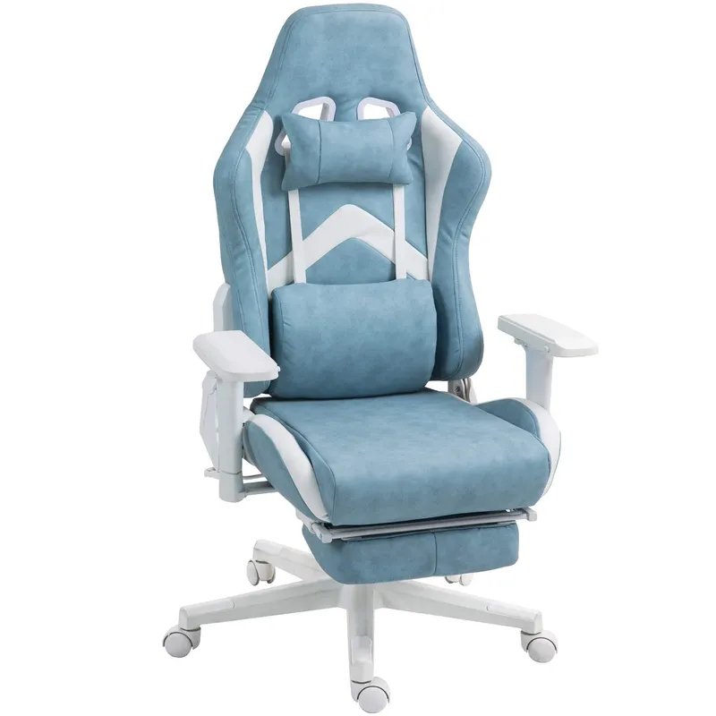 Gamingstol med liggfunktion, höj- och sänkbar skrivbordsstol med huvud- och ländkuddar, ergonomisk spelstol med utdragbart fotst