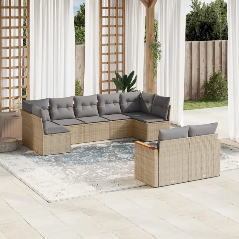 vidaXL Soffgrupp för trädgård med dynor 9 delar mixbeige konstrotting (#2565)
