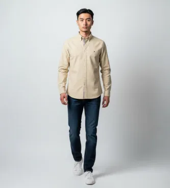 Tommy Hilfiger för män. MW0MW42455 Beige casual skjorta (M), Bomull, Klassisk, Lång ärm