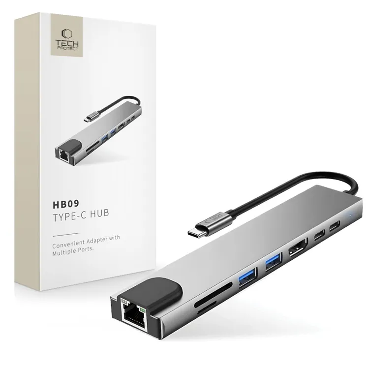 Tech-Protect USB Hub HB09 8in1 TYPE-C + USB-A 3.0 + USB-C 3.0 + HDMI 4K 60HZ + SD/TF + PD100W + RJ45 1000 MB/S - Grey USB Hub - USB 3.0 - 8 porte - Grey
