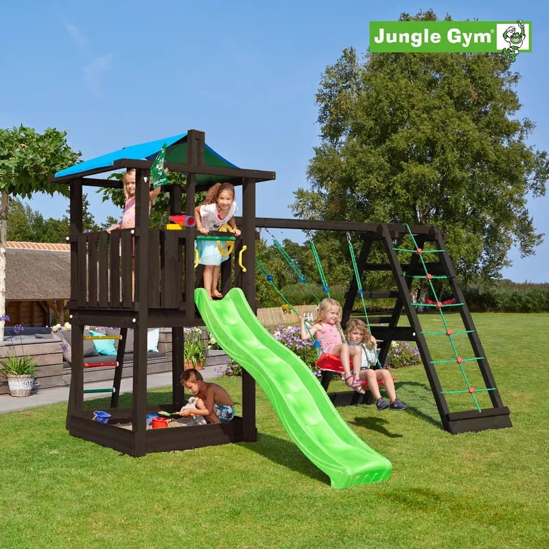 Lektorn Jungle Gym Hut 2.1, grundmålat svart, m/2-Climb Module 220 och grön rutschkana