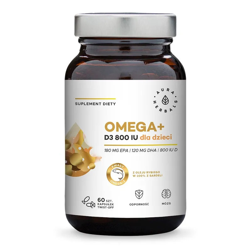 Aura Herbals – Omega+ Vitamin D3 800 IU för barn, 60 kapslar med vridlock