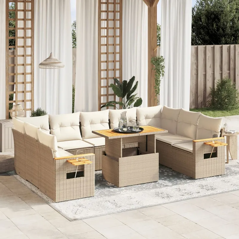vidaXL Soffgrupp för trädgård med dynor 10 delar beige konstrotting (#4534)