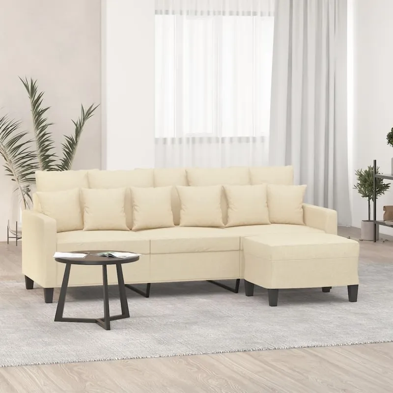vidaXL 3-sitssoffa med fotpall Gräddvit 180 cm tyg (#0586)