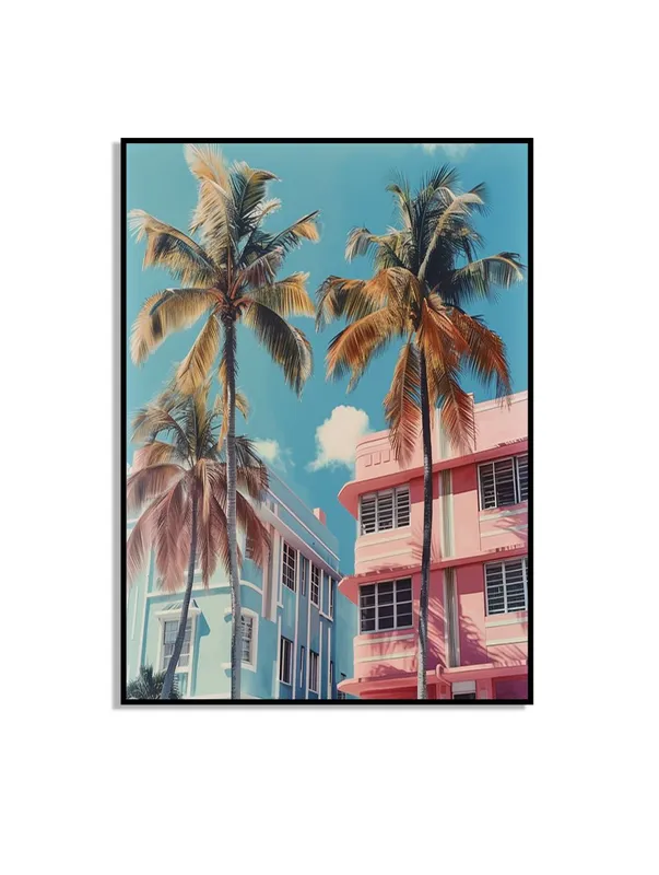 Poster med palms och färgglada byggnader