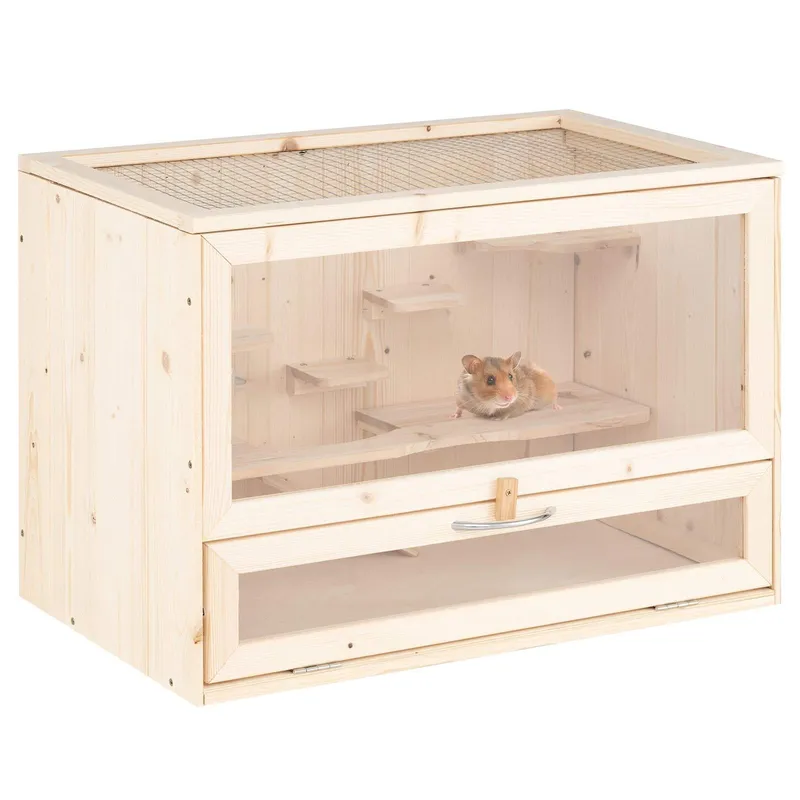 Hamsterbur i trä med nätlock och flera stegar