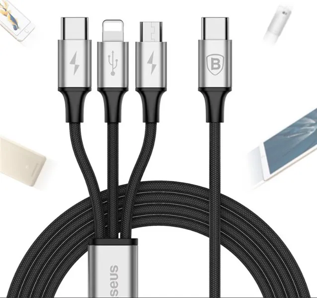 3in1 USB-C Kabel Typ-C / Lightning / Micro 3A 1.2m - Svart