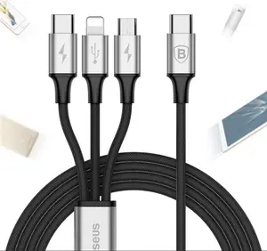 3in1 USB-C Kabel Typ-C / Lightning / Micro 3A 1.2m - Svart