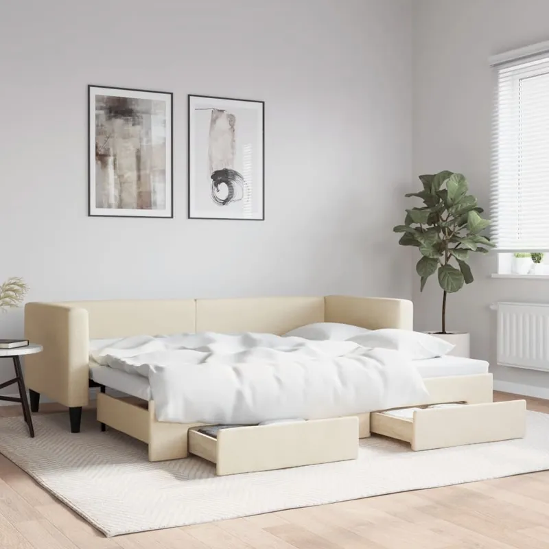vidaXL Dagbädd utdragbar med lådor gräddvit 80×200 cm tyg (#9871)