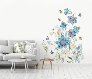 Väggdekal - Blå blommor och fjäril